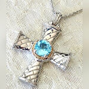 Vintage ATR Chuck Clemency 14K GOLD Sterling Silver Blue Topaz Cross Necklace!